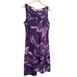 Abstract Purple Floral Boat Neck Shift Dress - Vintage - Size L